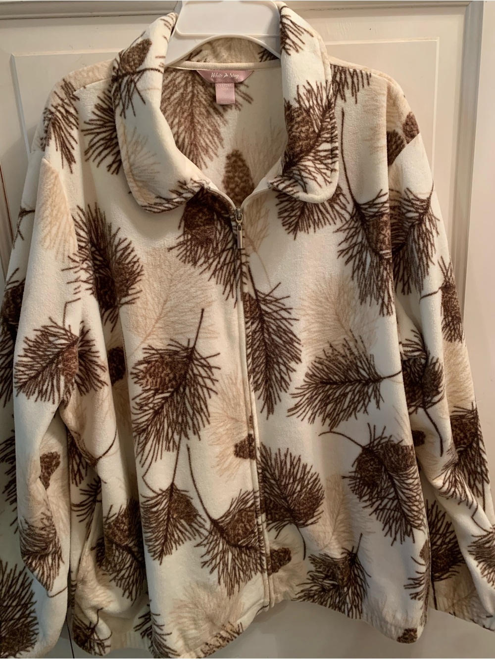 White Stag Cream Zip-Front Fleece Jacket with Brown Pine Print